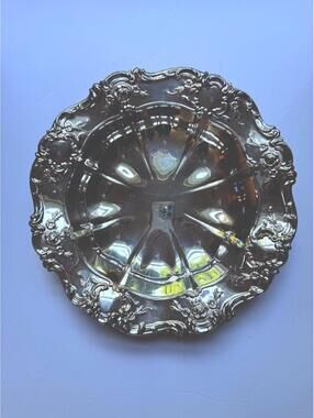 Vintage Silverplate Serving Bowl Scroll Roses Rim Candy Dish Rococo Style 11"